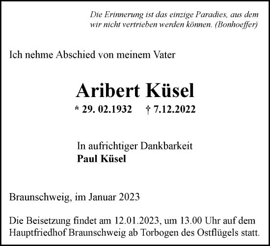 Traueranzeige von Aribert Küsel von Braunschweiger Zeitung