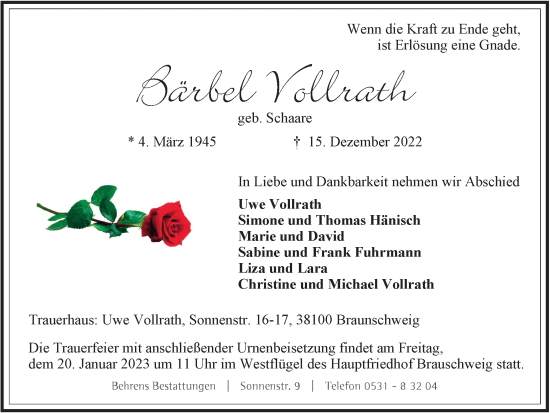 Traueranzeige von Bärbel Vollrath von Braunschweiger Zeitung