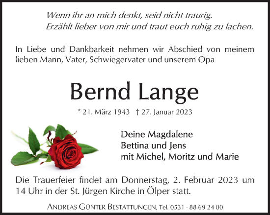 Traueranzeige von Bernd Lange von Braunschweiger Zeitung