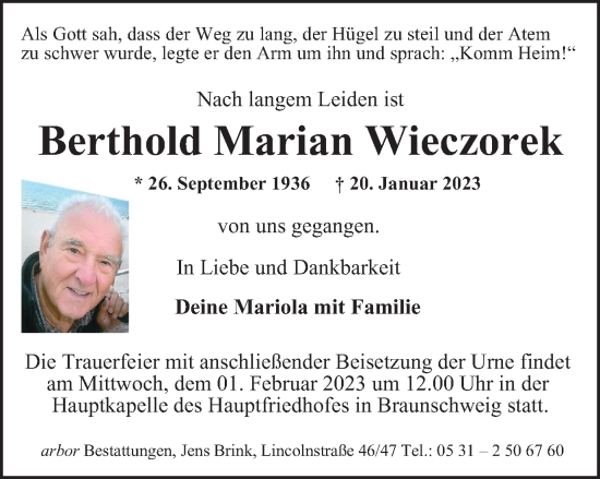 Traueranzeige von Berthold Marian Wieczorek von Braunschweiger Zeitung