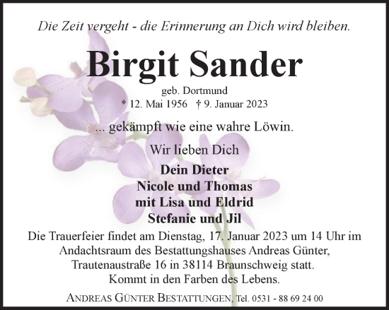 Traueranzeige von Birgit Sander von Braunschweiger Zeitung