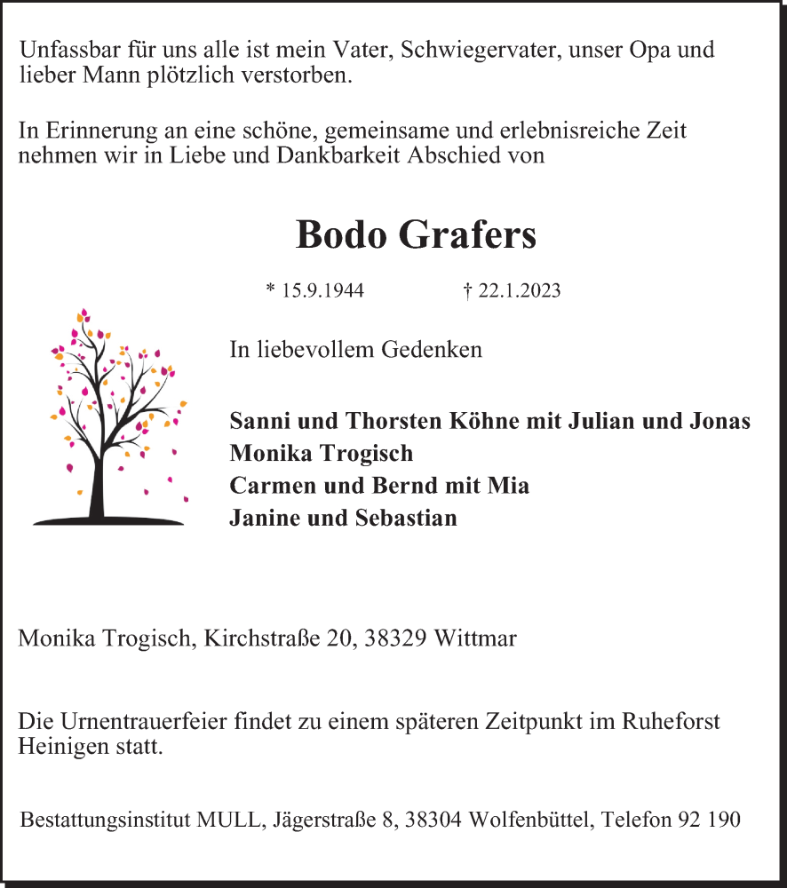  Traueranzeige für Bodo Grafers vom 28.01.2023 aus Salzgitter-Zeitung