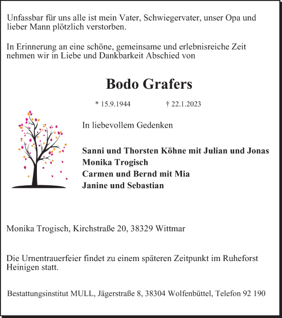 Traueranzeige von Bodo Grafers von Salzgitter-Zeitung