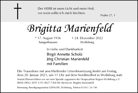 Traueranzeige von Brigitta Marienfeld von Wolfsburger Nachrichten
