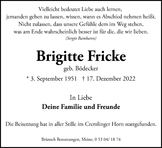 Traueranzeige von Brigitte Fricke von Braunschweiger Zeitung