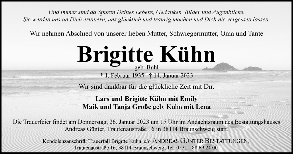  Traueranzeige für Brigitte Kühn vom 21.01.2023 aus Braunschweiger Zeitung