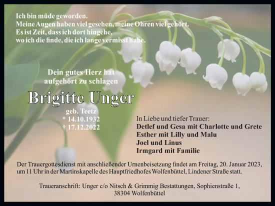Traueranzeige von Brigitte Unger von Wolfenbütteler Zeitung