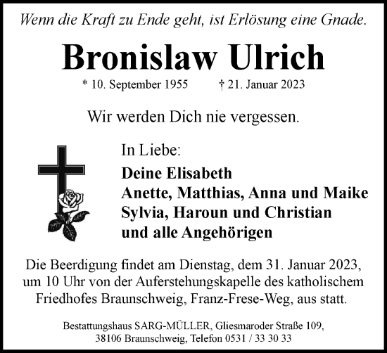 Traueranzeige von Bronislaw Ulrich von Braunschweiger Zeitung