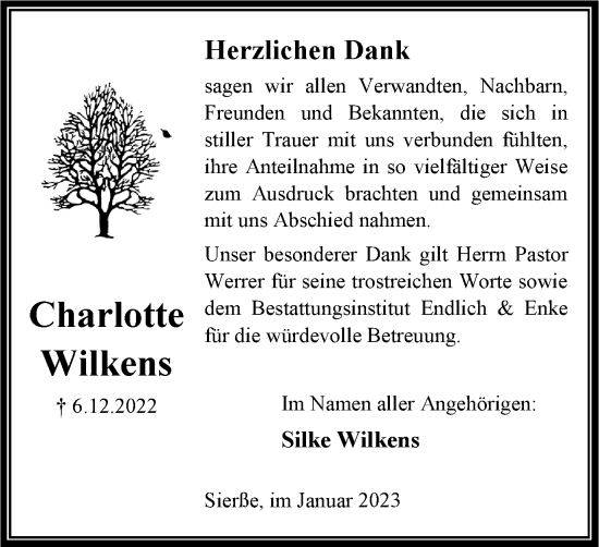 Traueranzeige von Charlotte Wilkens von Peiner Nachrichten