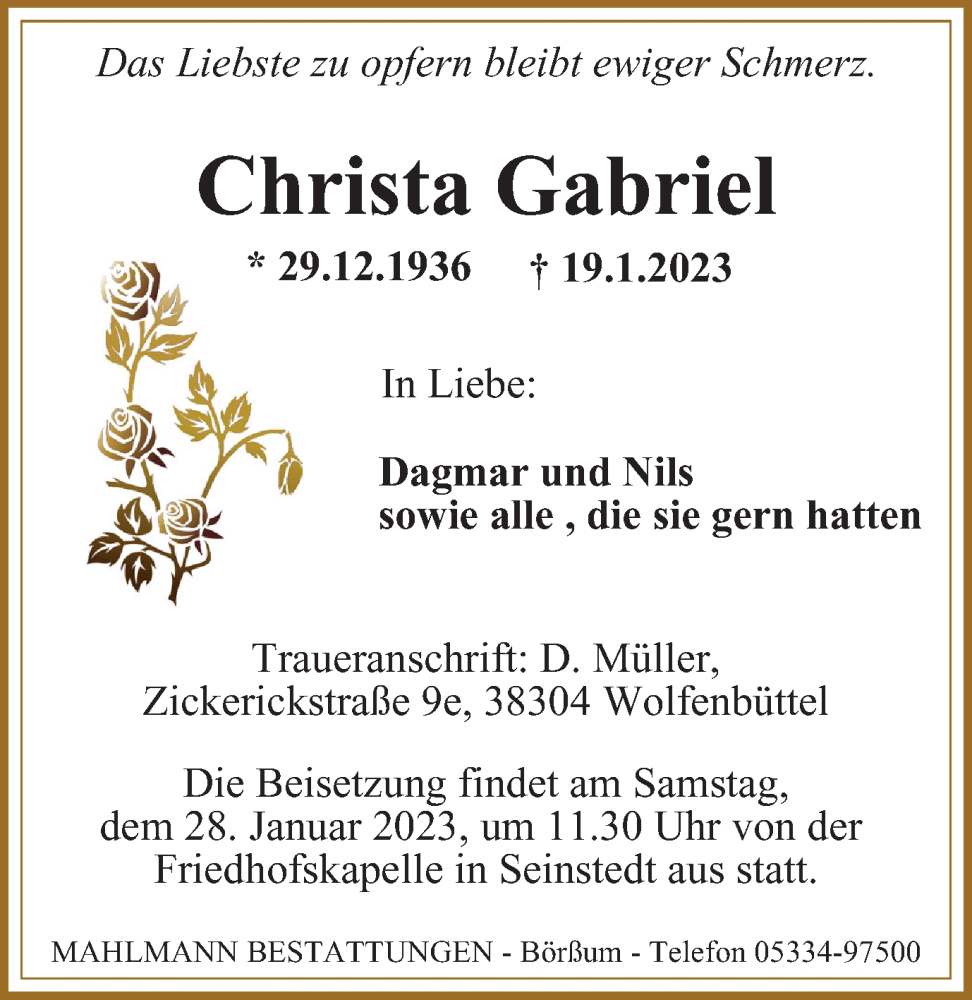  Traueranzeige für Christa Gabriel vom 25.01.2023 aus Wolfenbütteler Zeitung