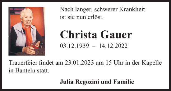 Traueranzeige von Christa Gauer von Neue Braunschweiger am Samstag