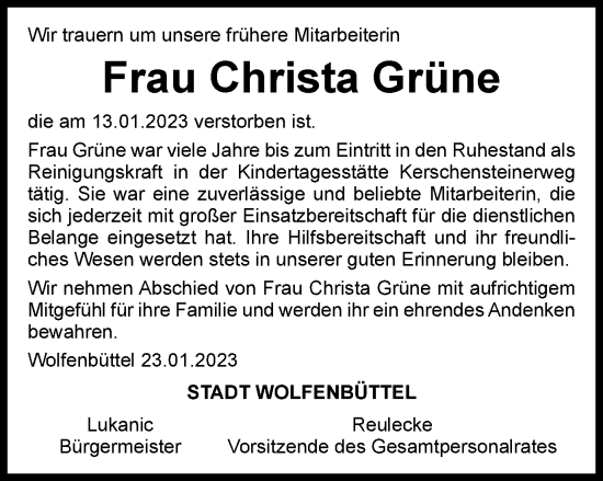 Traueranzeige von Christa Grüne von Wolfenbütteler Zeitung
