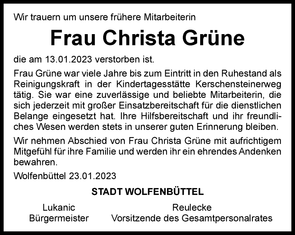  Traueranzeige für Christa Grüne vom 26.01.2023 aus Wolfenbütteler Zeitung
