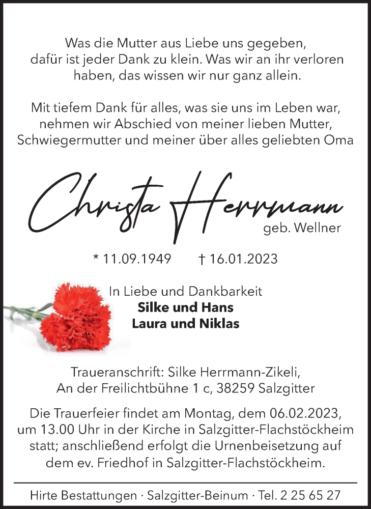  Traueranzeige für Christa Herrmann vom 28.01.2023 aus Salzgitter-Zeitung