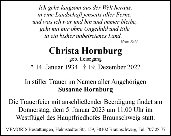 Traueranzeige von Christa Hornburg von Braunschweiger Zeitung