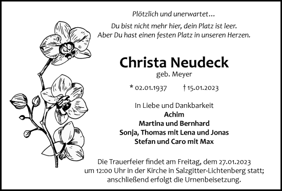 Traueranzeige von Christa Neudeck von Salzgitter-Zeitung