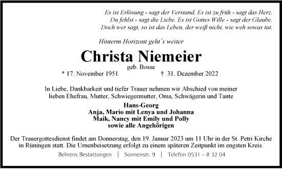 Traueranzeige von Christa Niemeier von Braunschweiger Zeitung