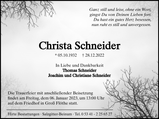 Traueranzeige von Christa Schneider von Salzgitter-Zeitung