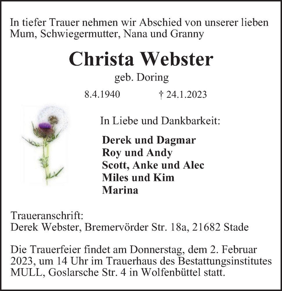  Traueranzeige für Christa Webster vom 28.01.2023 aus Braunschweiger Zeitung