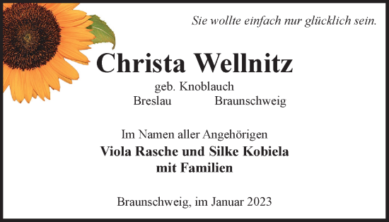 Traueranzeige von Christa Wellnitz von Braunschweiger Zeitung