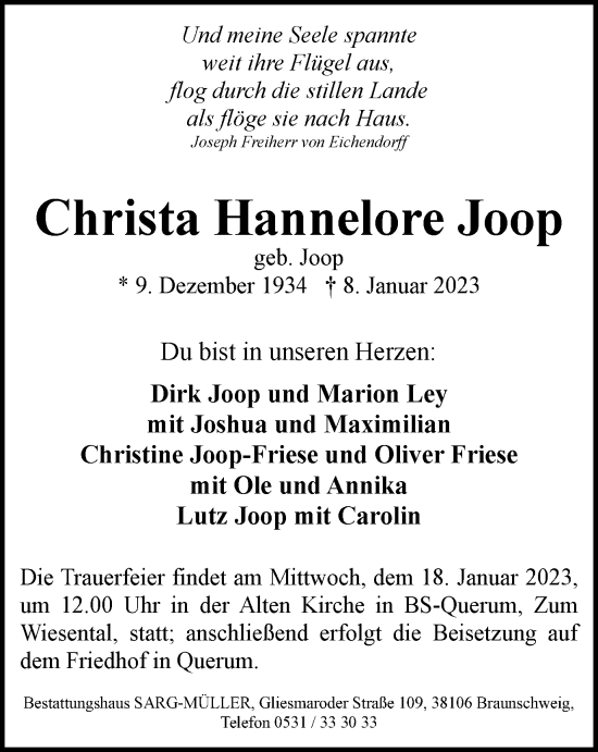Traueranzeige von Christa Hannelore Joop von Braunschweiger Zeitung