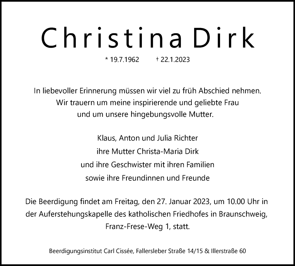  Traueranzeige für Christina Dirk vom 25.01.2023 aus Braunschweiger Zeitung