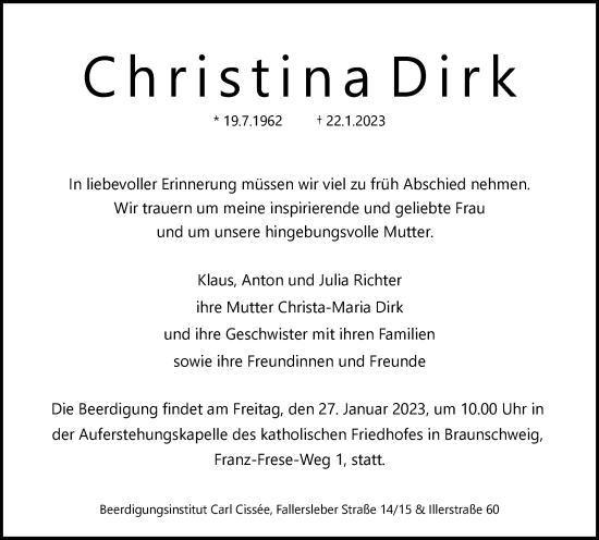 Traueranzeige von Christina Dirk von Braunschweiger Zeitung