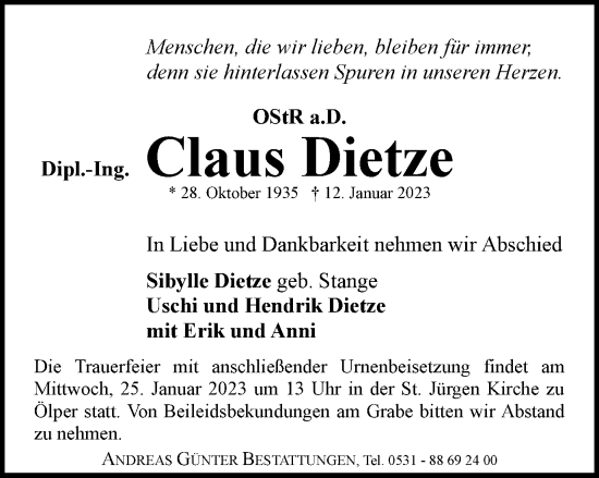 Traueranzeige von Claus Dietze von Braunschweiger Zeitung