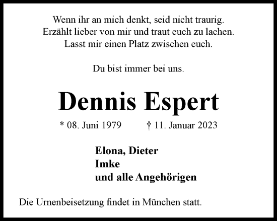 Traueranzeige von Dennis Espert von Braunschweiger Zeitung