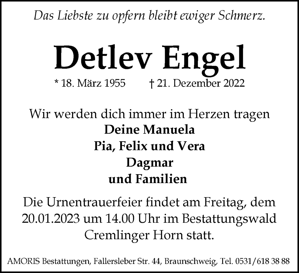  Traueranzeige für Detlev Engel vom 16.01.2023 aus Braunschweiger Zeitung