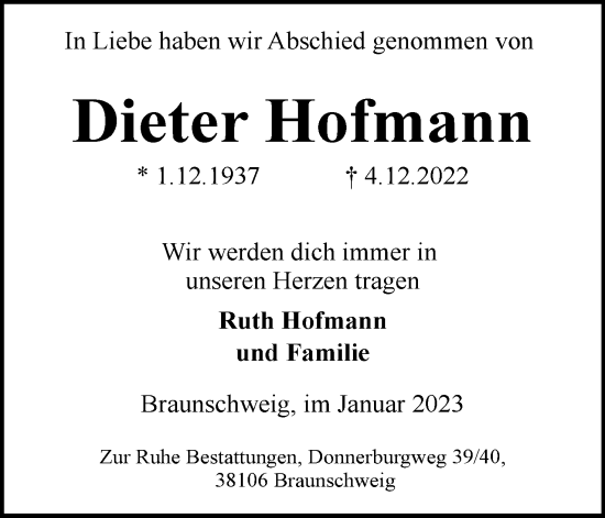 Traueranzeige von Dieter Hofmann von Neue Braunschweiger am Samstag