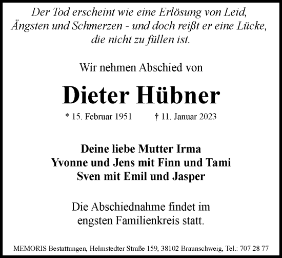 Traueranzeige von Dieter Hübner von Braunschweiger Zeitung