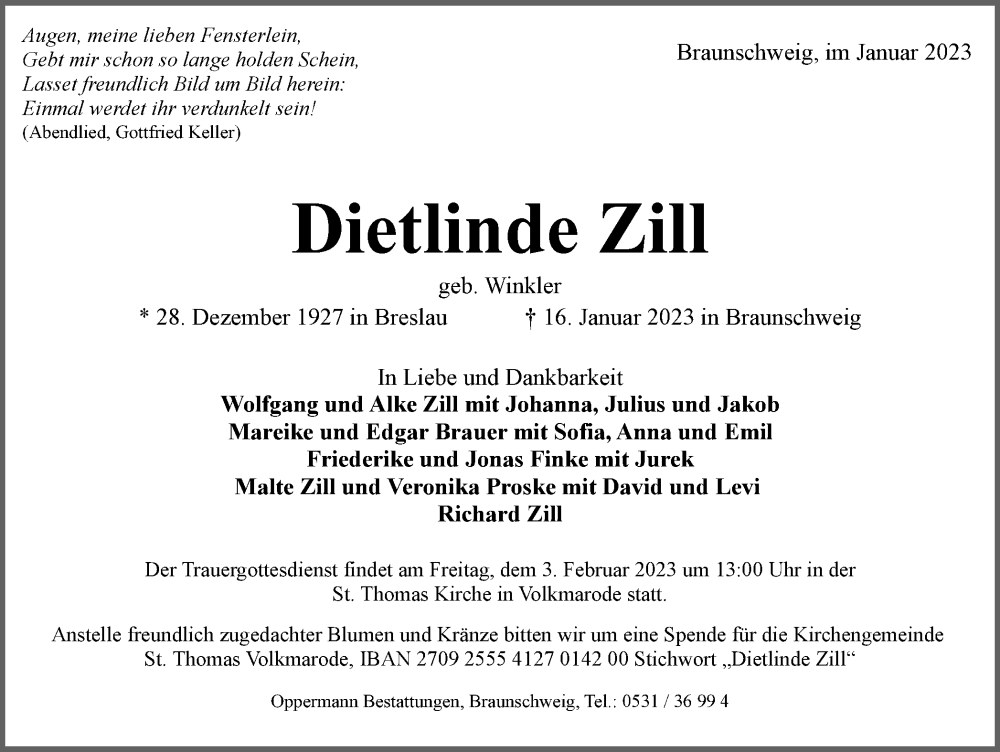  Traueranzeige für Dietlinde Zill vom 28.01.2023 aus Braunschweiger Zeitung