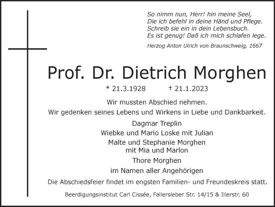 Traueranzeige von Dietrich Morghen von Braunschweiger Zeitung, Wolfsburger Nachrichten