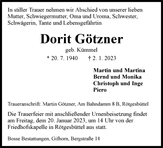 Traueranzeige von Dorit Götzner von Wolfsburger Nachrichten