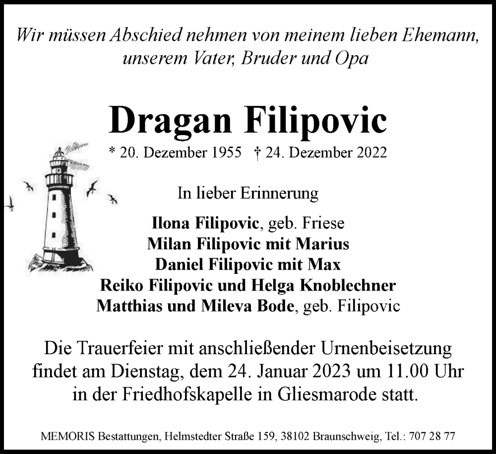  Traueranzeige für Dragan Filipovic vom 07.01.2023 aus Braunschweiger Zeitung