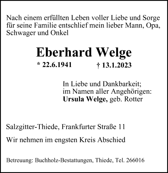 Traueranzeige von Eberhard Welge von Salzgitter-Zeitung