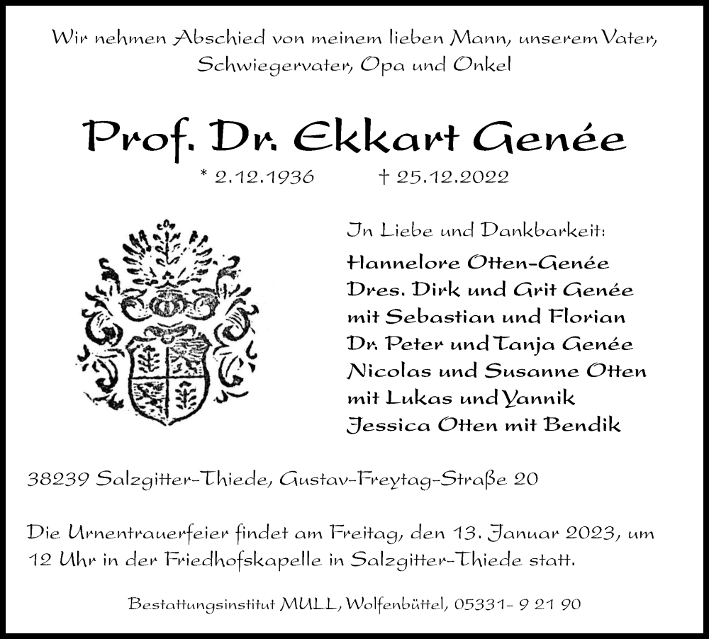  Traueranzeige für Ekkart Genée vom 07.01.2023 aus Braunschweiger Zeitung, Salzgitter-Zeitung