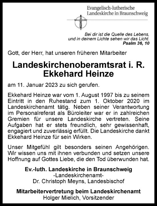 Traueranzeige von Ekkehard Heinze von Braunschweiger Zeitung, Salzgitter-Zeitung
