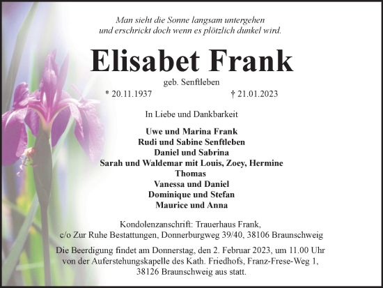 Traueranzeige von Elisabet Frank von Braunschweiger Zeitung