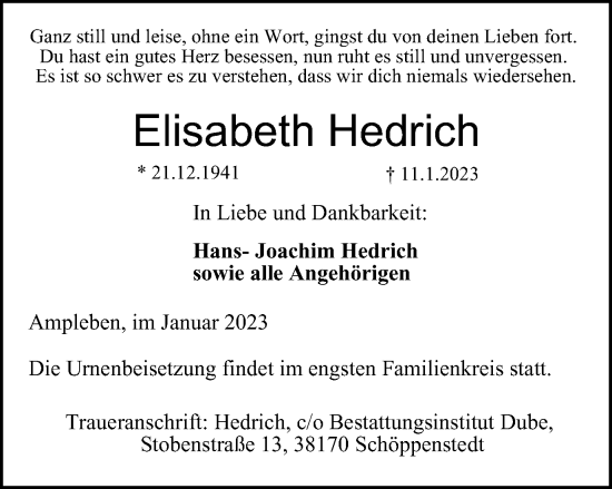 Traueranzeige von Elisabeth Hedrich von Salzgitter-Zeitung, Wolfenbütteler Zeitung