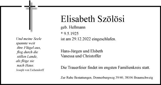 Traueranzeige von Elisabeth Szölösi von Braunschweiger Zeitung