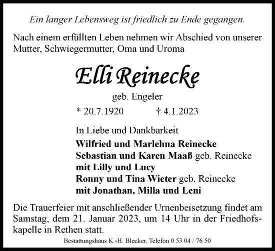 Traueranzeige von Elli Reinecke von Wolfsburger Nachrichten