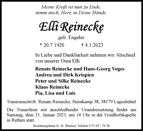 Traueranzeige von Elli Reinecke von Wolfsburger Nachrichten