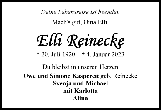 Traueranzeige von Elli Reinecke von Wolfsburger Nachrichten