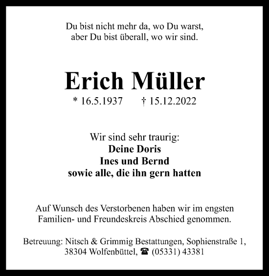 Traueranzeige von Erich Müller von Wolfenbütteler Zeitung