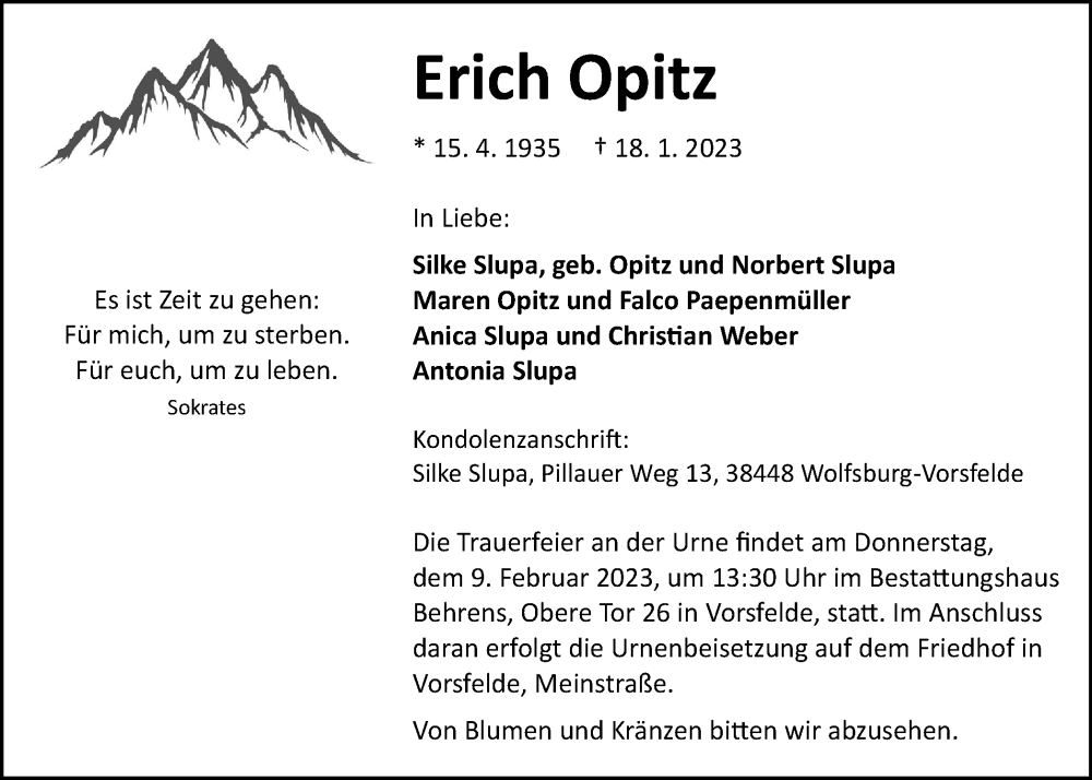  Traueranzeige für Erich Opitz vom 21.01.2023 aus Wolfsburger Nachrichten