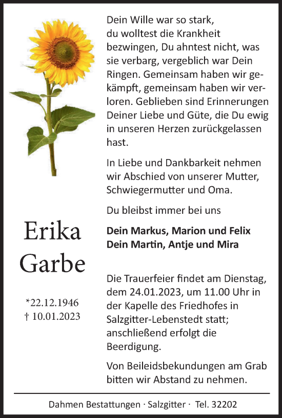Traueranzeige von Erika Garbe von Salzgitter-Zeitung