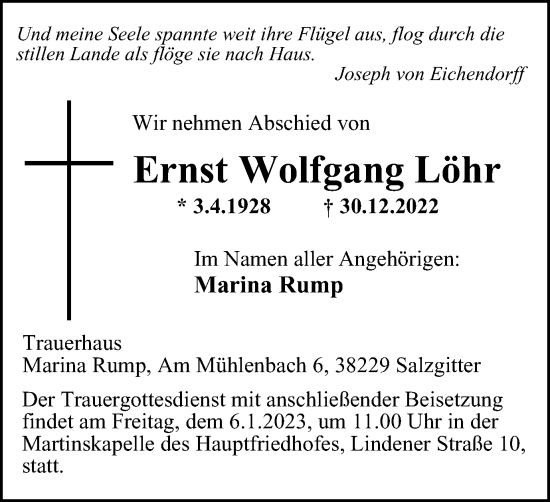 Traueranzeige von Ernst Wolfgang Löhr von Wolfenbütteler Zeitung
