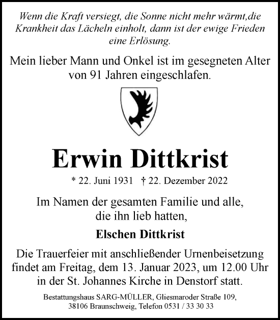 Traueranzeige von Erwin Dittkrist von Braunschweiger Zeitung